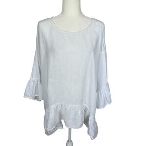 Match Point 100% Linen Top Asymmetric Ruffles Size XL Cottage Boho Lagenlook